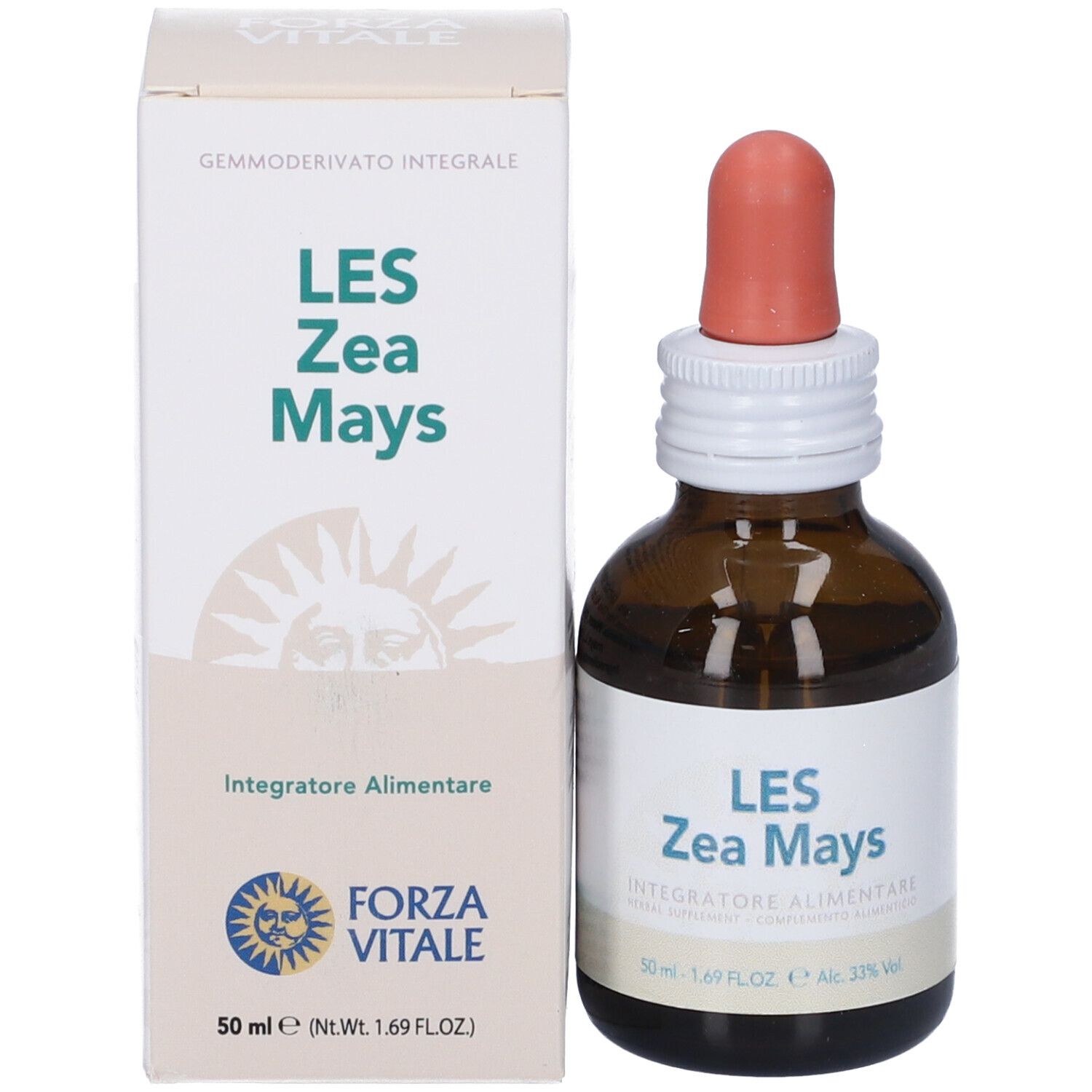 Flacone di vetro marrone con contagocce e confezione. Les Zea Mays, integratore alimentare, 50 ml.