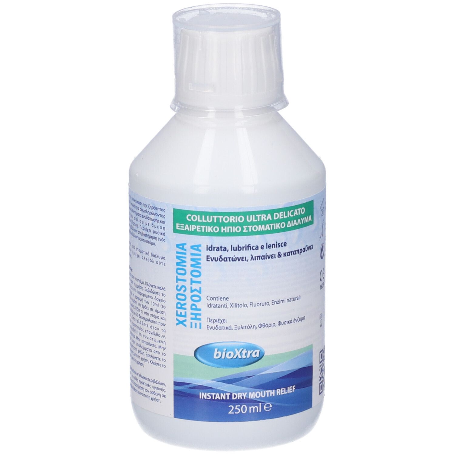 Flacone bianco con tappo a vite. Etichetta con testo: Colluttorio Ultra Delicato, bioxtra, Instant Dry Mouth Relief.