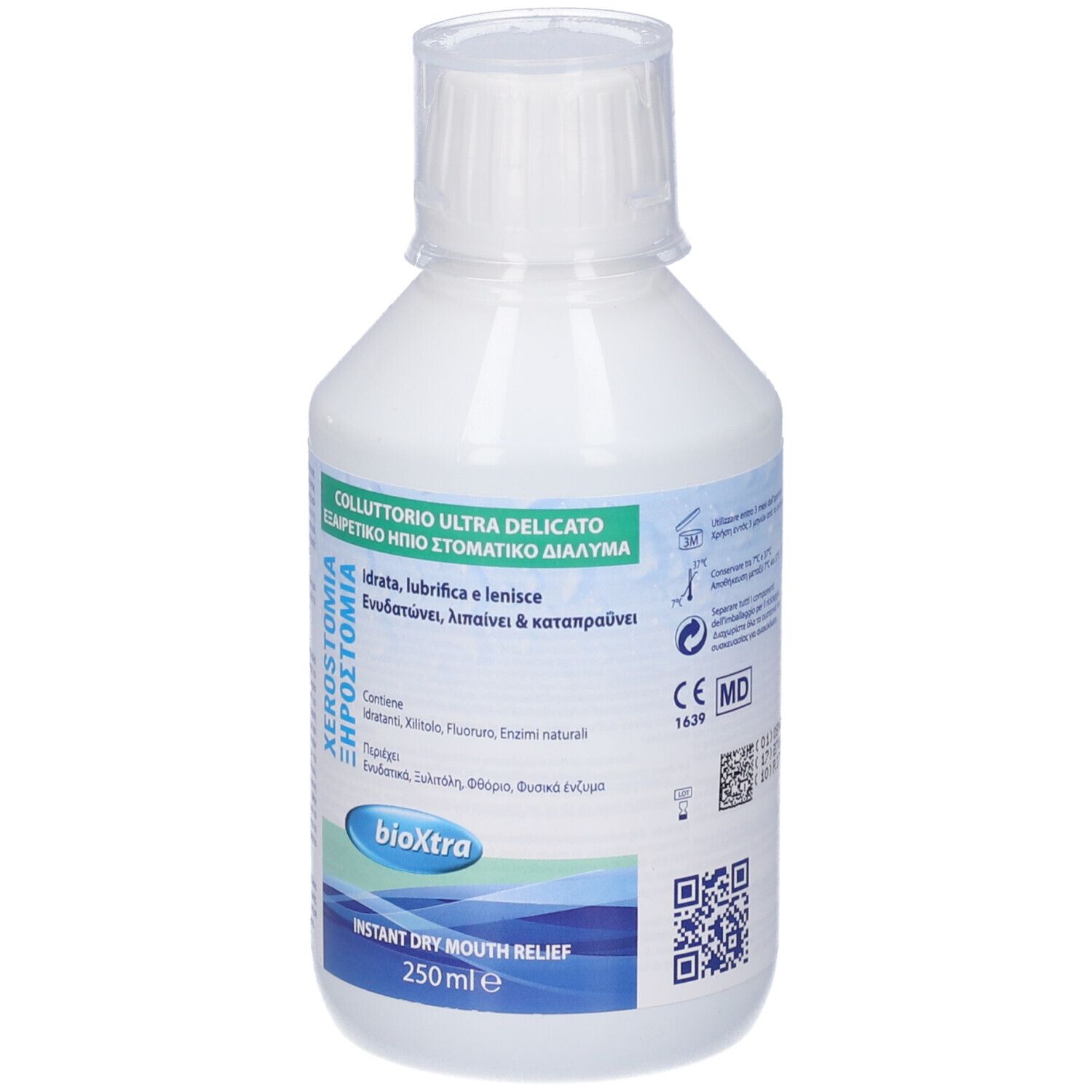 Flacone bianco con tappo a vite. Etichetta con testo: Colluttorio Ultra Delicato, bioxtra, Instant Dry Mouth Relief.