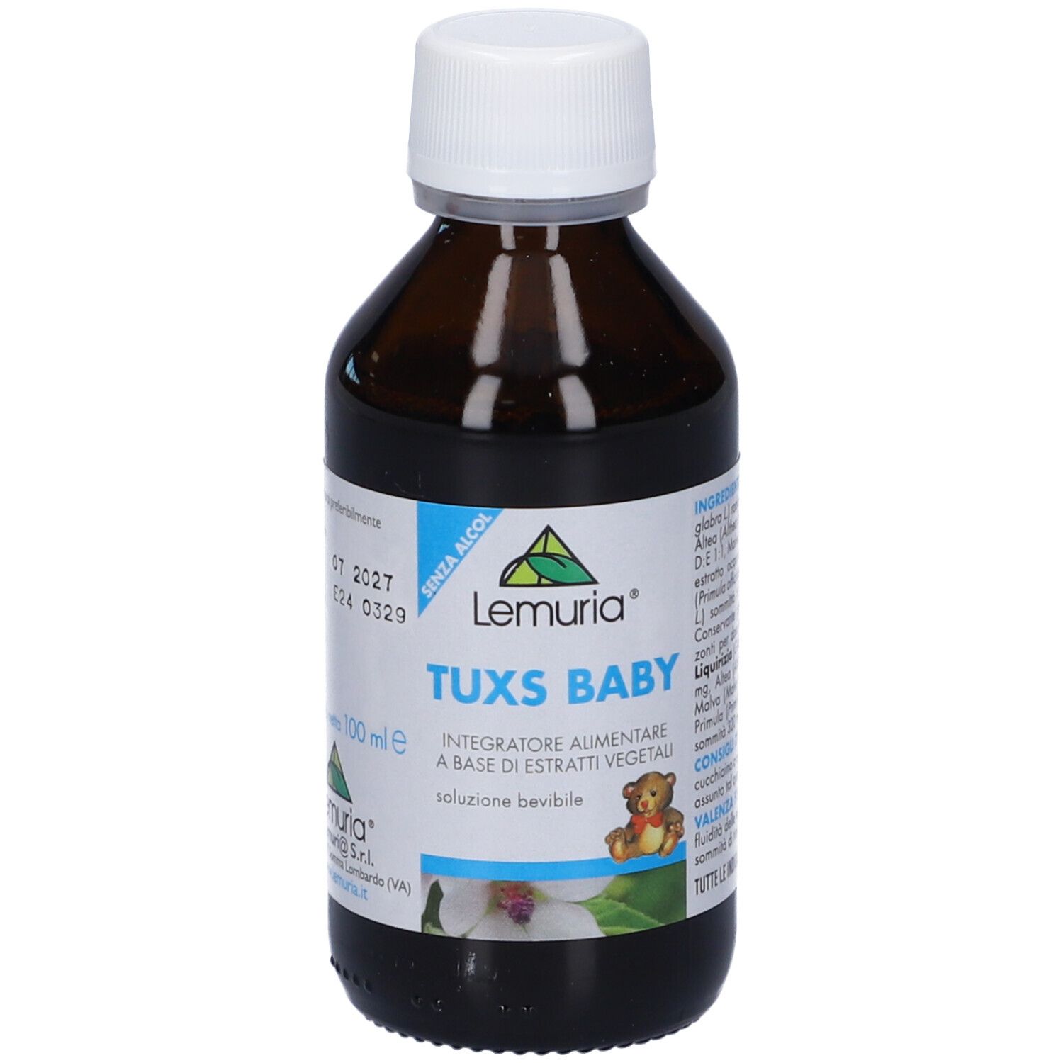 Bottiglia di vetro marrone con tappo bianco. Etichetta con Lemuria, Tuxs Baby, 100 ml e orsetto.