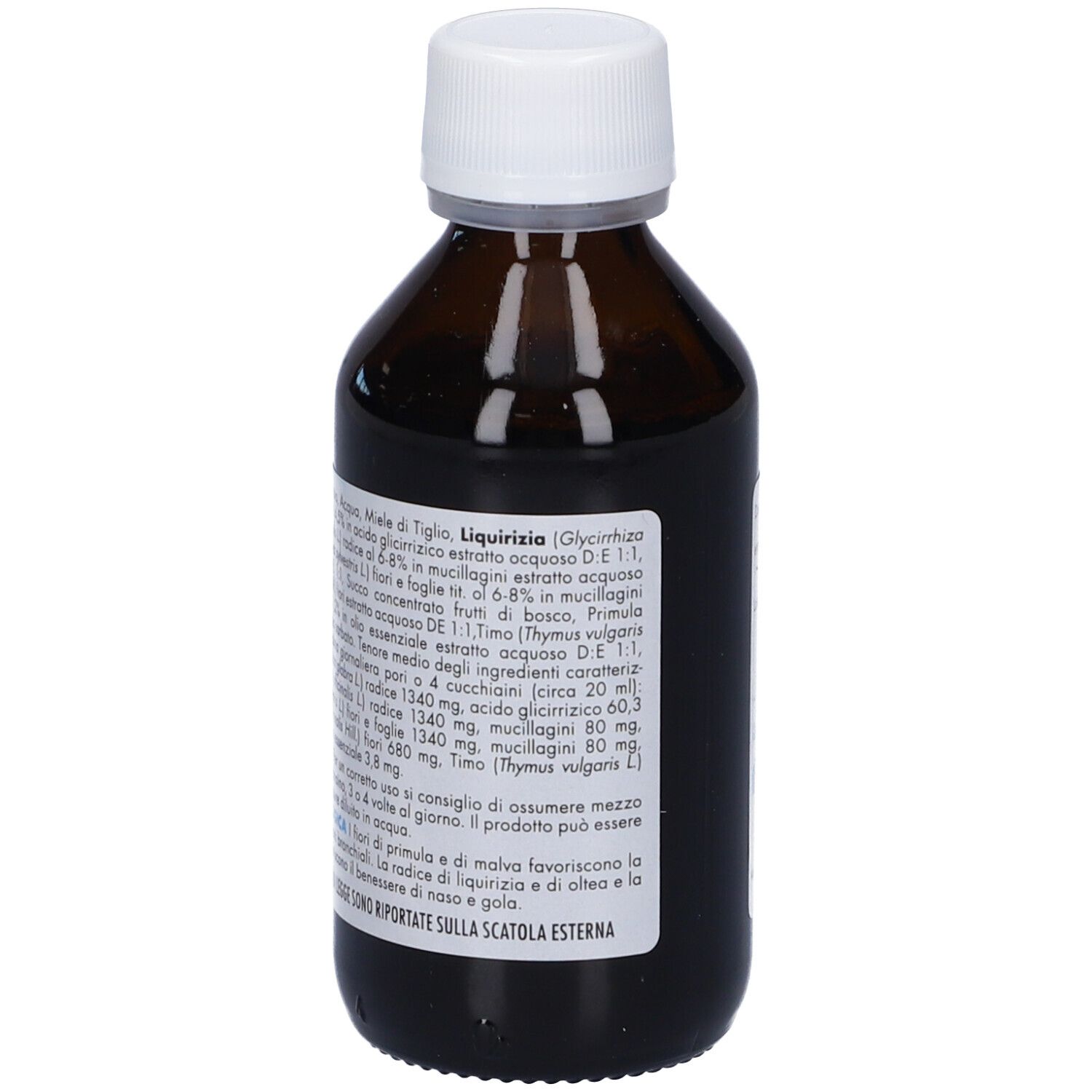 Bottiglia di vetro marrone con tappo bianco. Etichetta con ingredienti e informazioni su Lemuria Tuxs Baby.