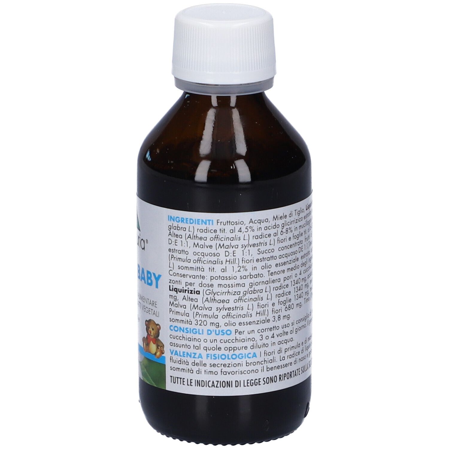 Bottiglia di vetro marrone con tappo bianco. Etichetta con ingredienti e informazioni su Lemuria Tuxs Baby.