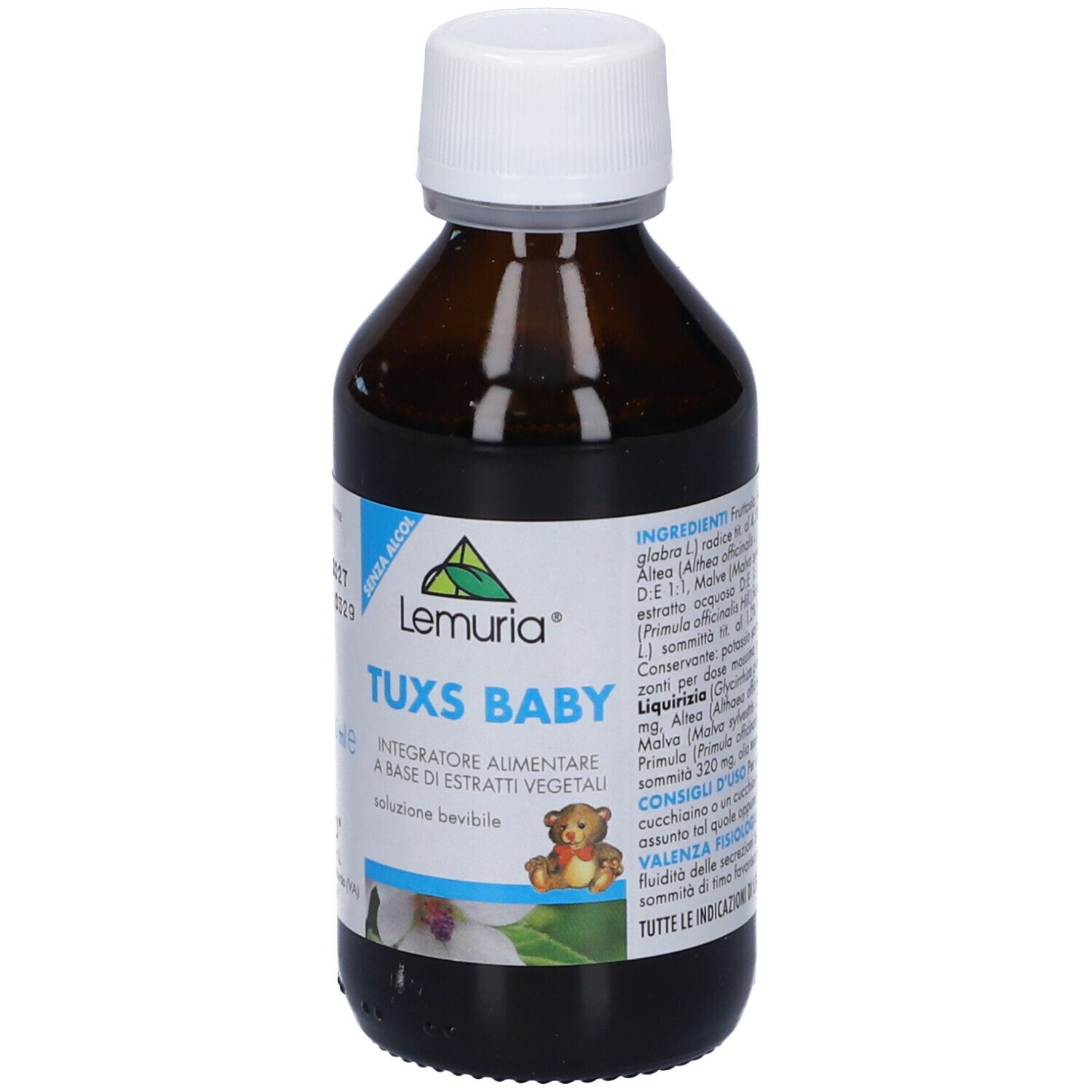 Bottiglia di vetro marrone con tappo bianco. Etichetta con Lemuria, Tuxs Baby, 100 ml e orsetto.