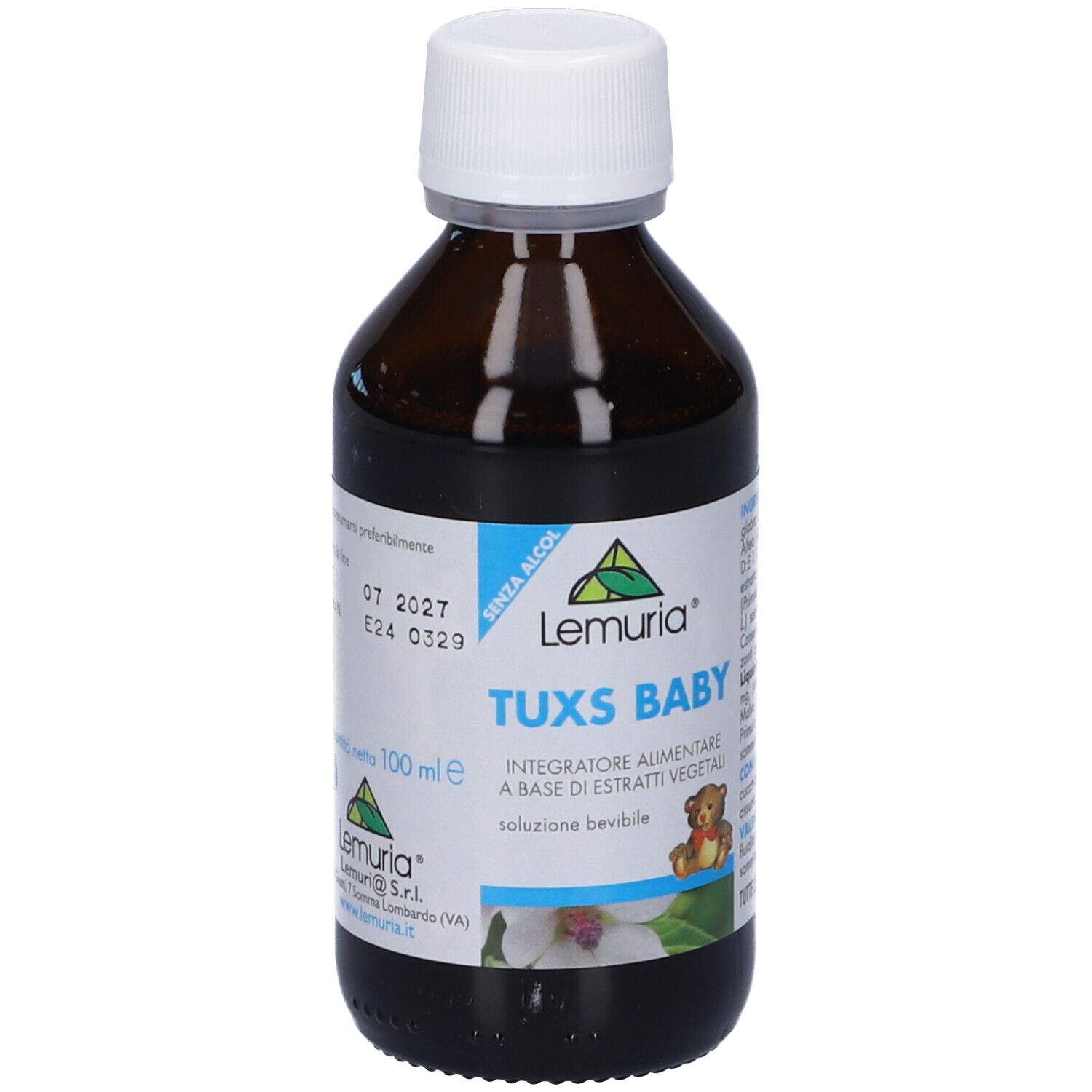 Bottiglia di vetro marrone con tappo bianco. Etichetta con Lemuria, Tuxs Baby, 100 ml e scadenza.