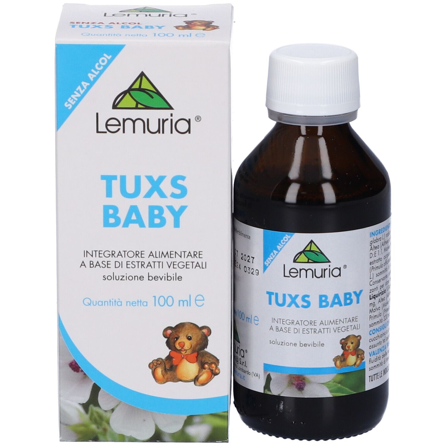 Confezione del prodotto con bottiglia e scatola. Bottiglia: marrone, tappo bianco. Scatola: bianca, blu, Lemuria, Tuxs Baby.