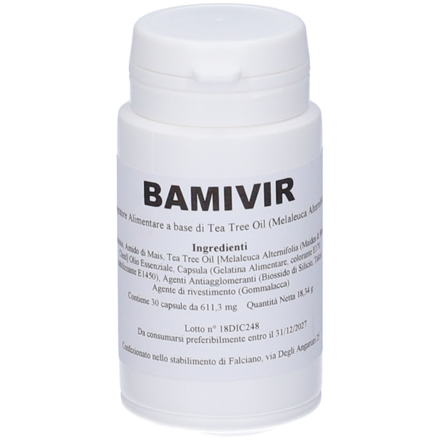 Flacone bianco con scritta BAMIVIR. Contiene 30 capsule. Scritta con ingredienti e data di scadenza.