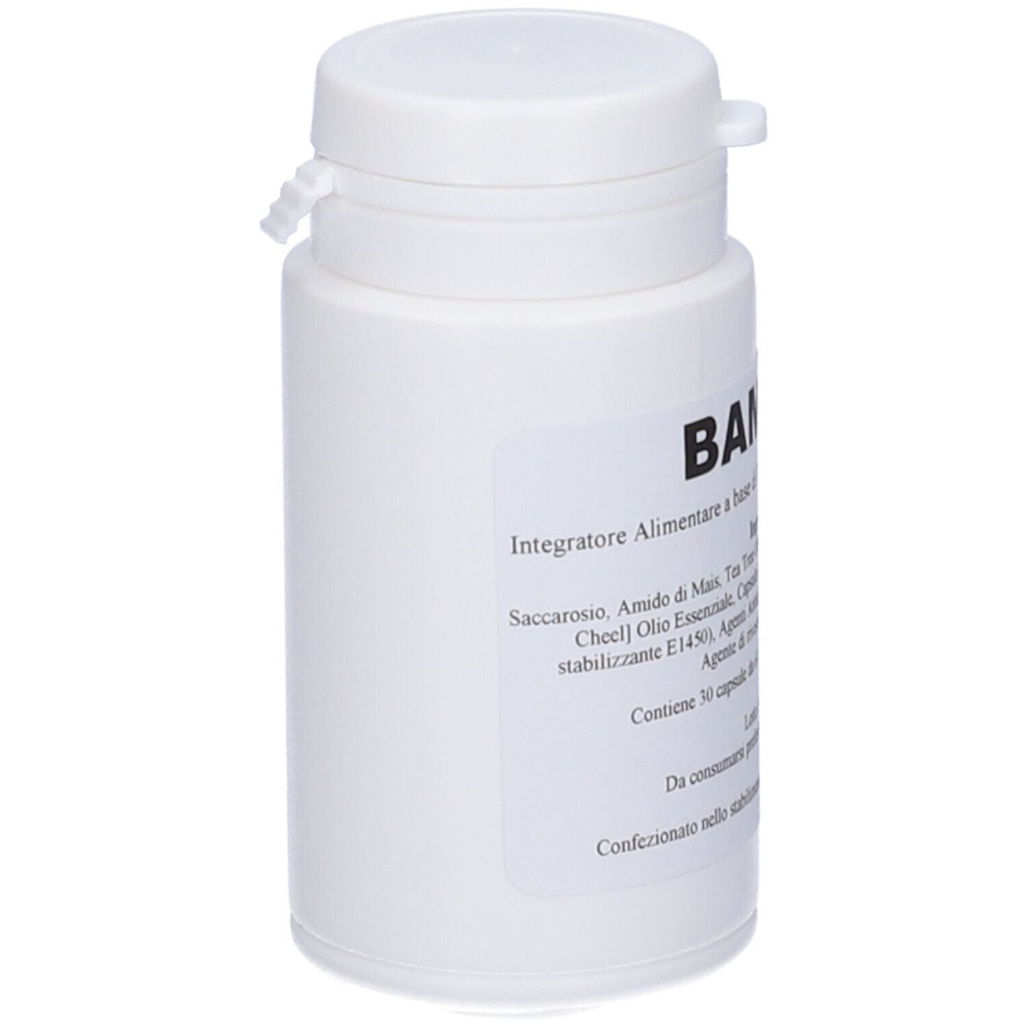 Flacone bianco con scritta BAMIVIR. Contiene 30 capsule. Scritta con ingredienti e data di scadenza.