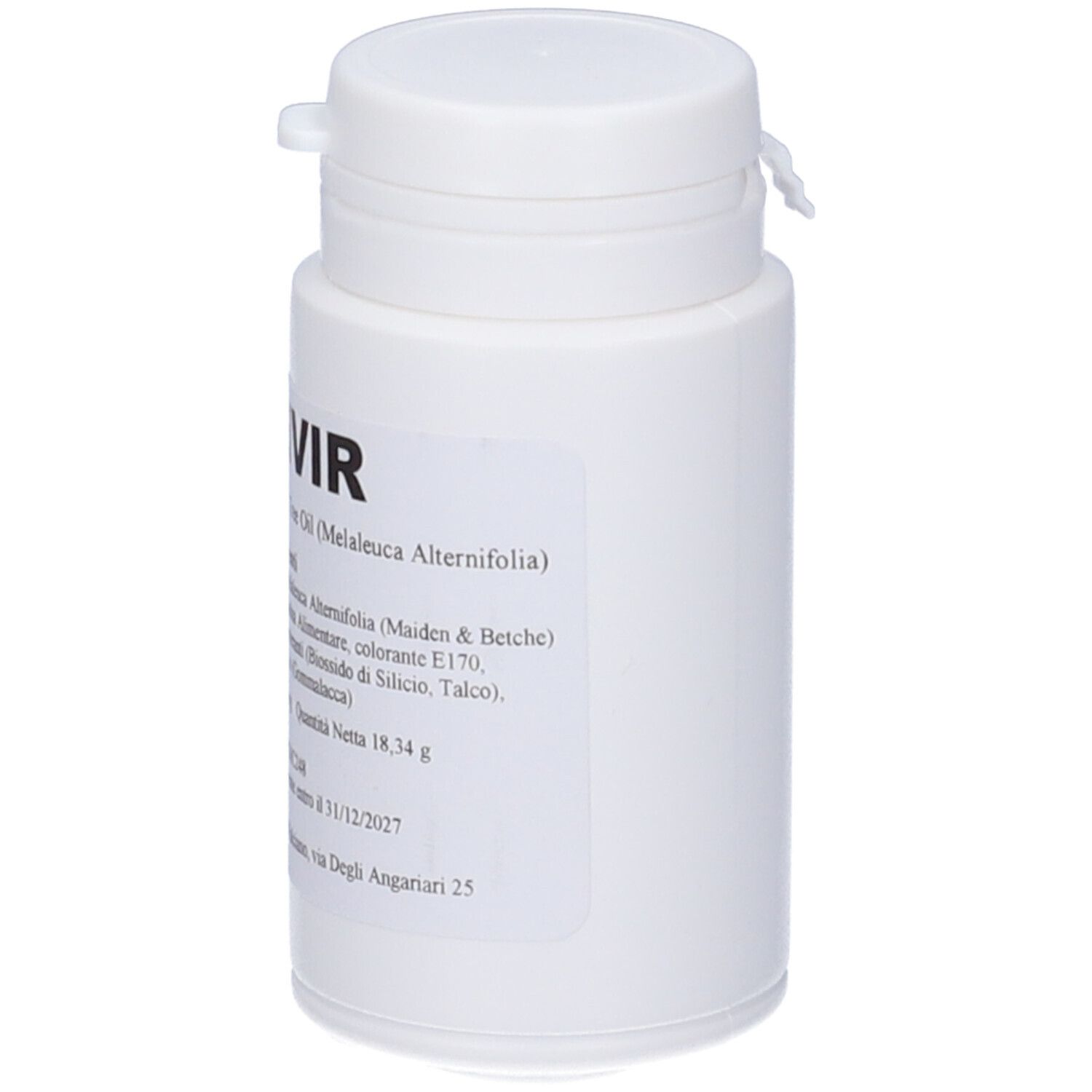 Flacone bianco con scritta BAMIVIR. Contiene 30 capsule. Scritta con ingredienti e data di scadenza.