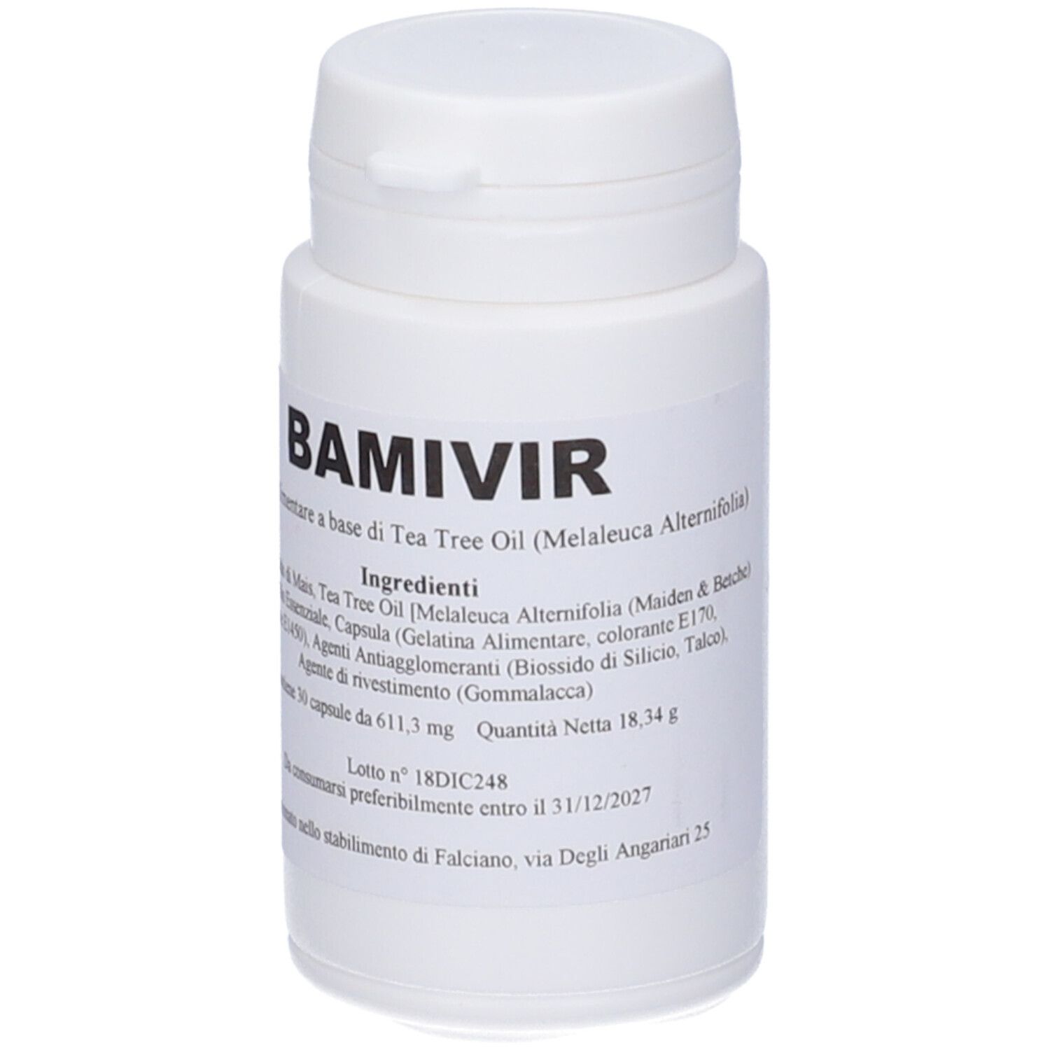 Flacone bianco con scritta BAMIVIR. Contiene 30 capsule. Scritta con ingredienti e data di scadenza.