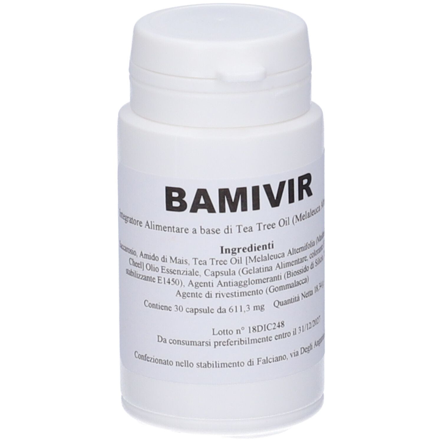 Flacone bianco con scritta BAMIVIR. Contiene 30 capsule. Scritta con ingredienti e data di scadenza.