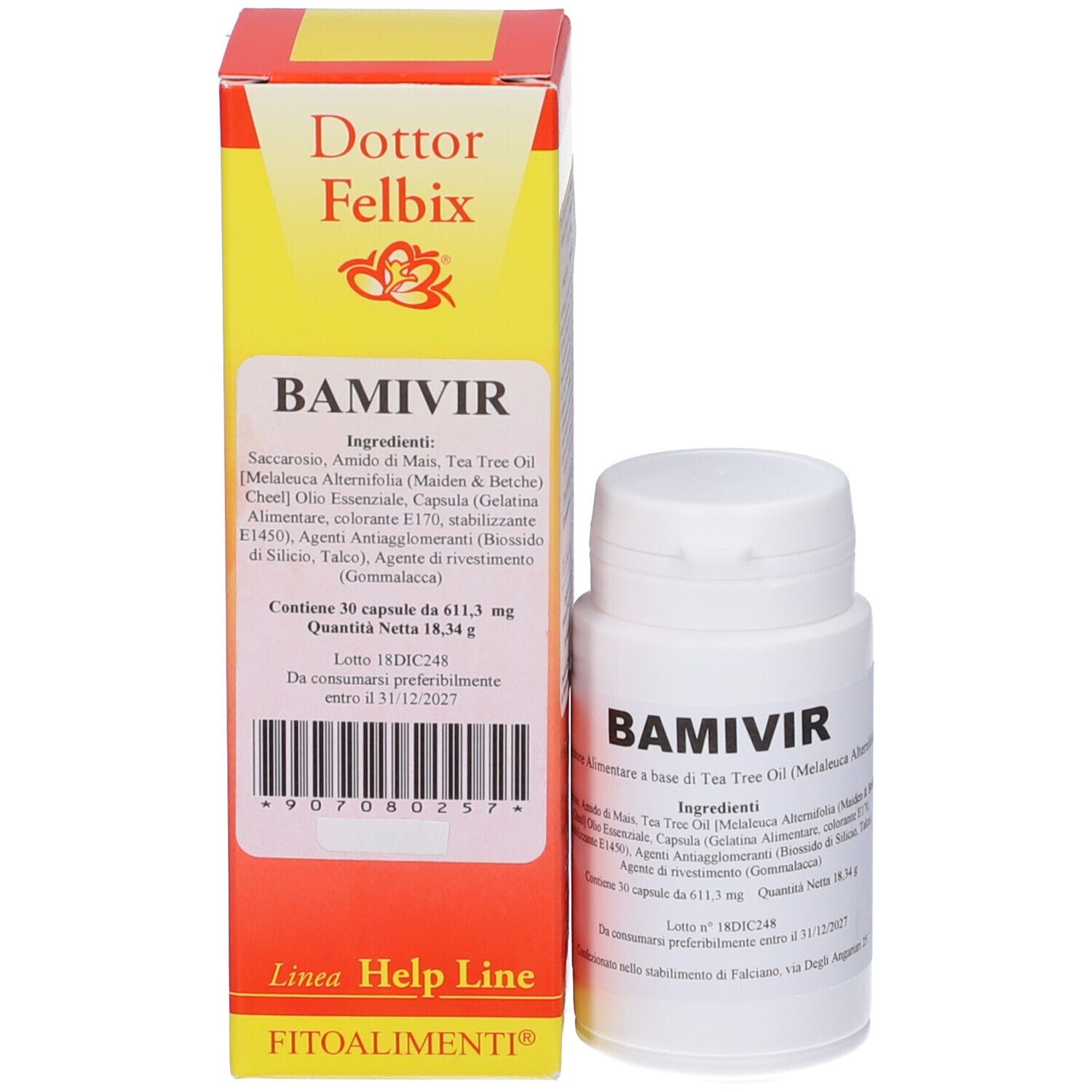 Flacone bianco con scritta BAMIVIR e scatola giallo-rossa. Sulla scatola c'è scritto « Dottor Felbix » e ingredienti.