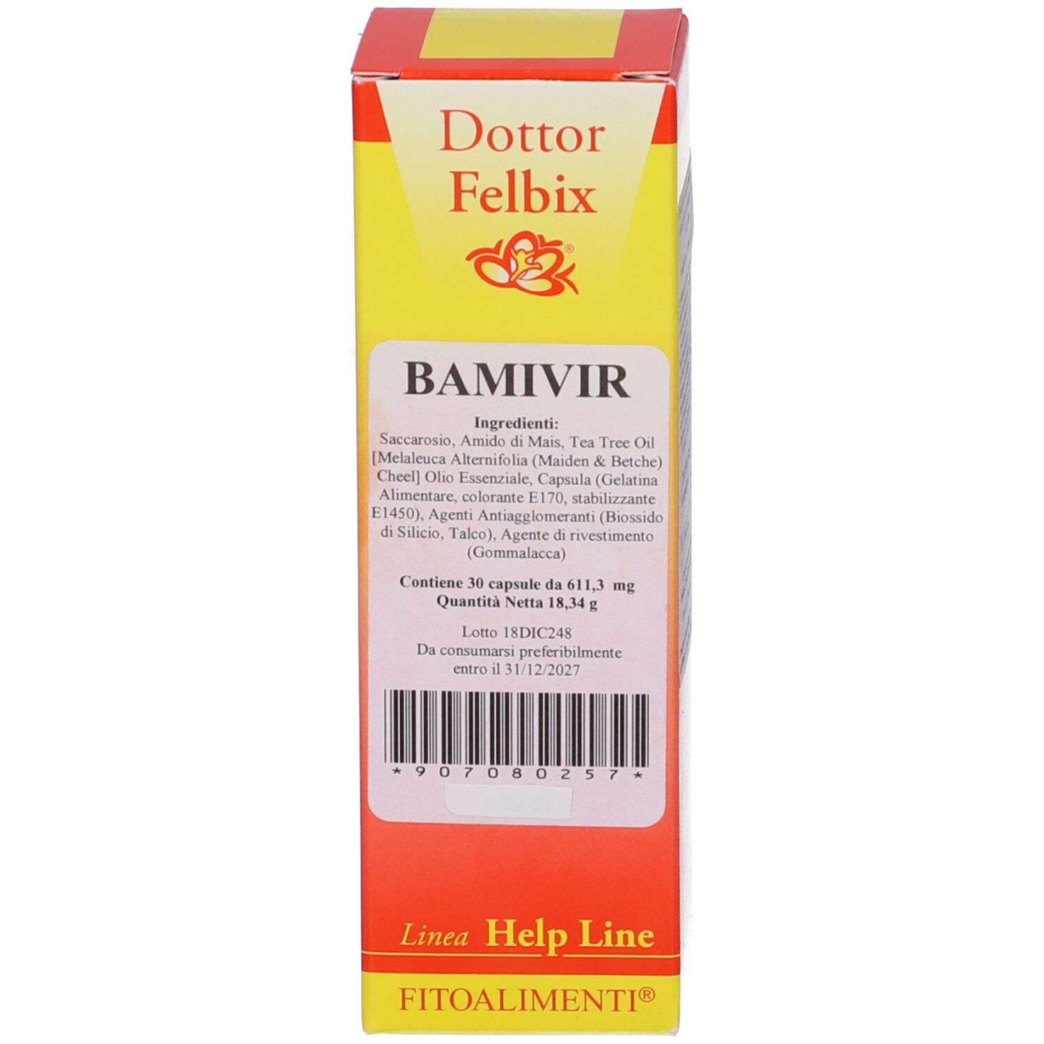 Scatola giallo-rossa con scritta BAMIVIR e ingredienti. Sulla scatola c'è scritto « Dottor Felbix ».