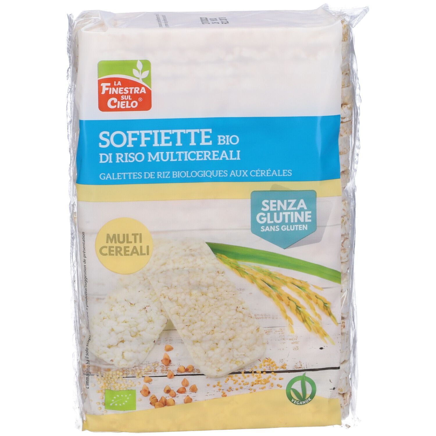Confezione di Soffiette Bio. Gallette di riso soffiato rotonde. Testo: "Senza glutine". Logo: La Finestra sul Cielo.