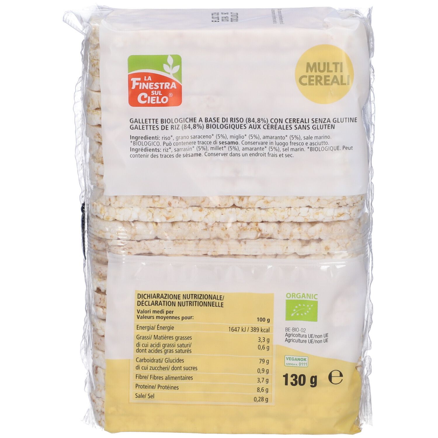 Retro della confezione di Soffiette Multicereali Bio. Informazioni nutrizionali e marchio bio. Testo: "130 g e".