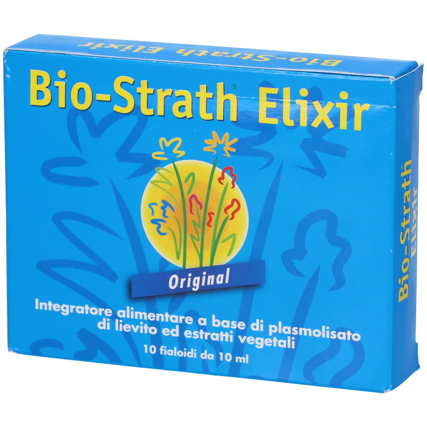 Scatola blu con scritta gialla Bio-Strath Elixir. Scritta: Original. Contenuto: 10 Fialoidi.