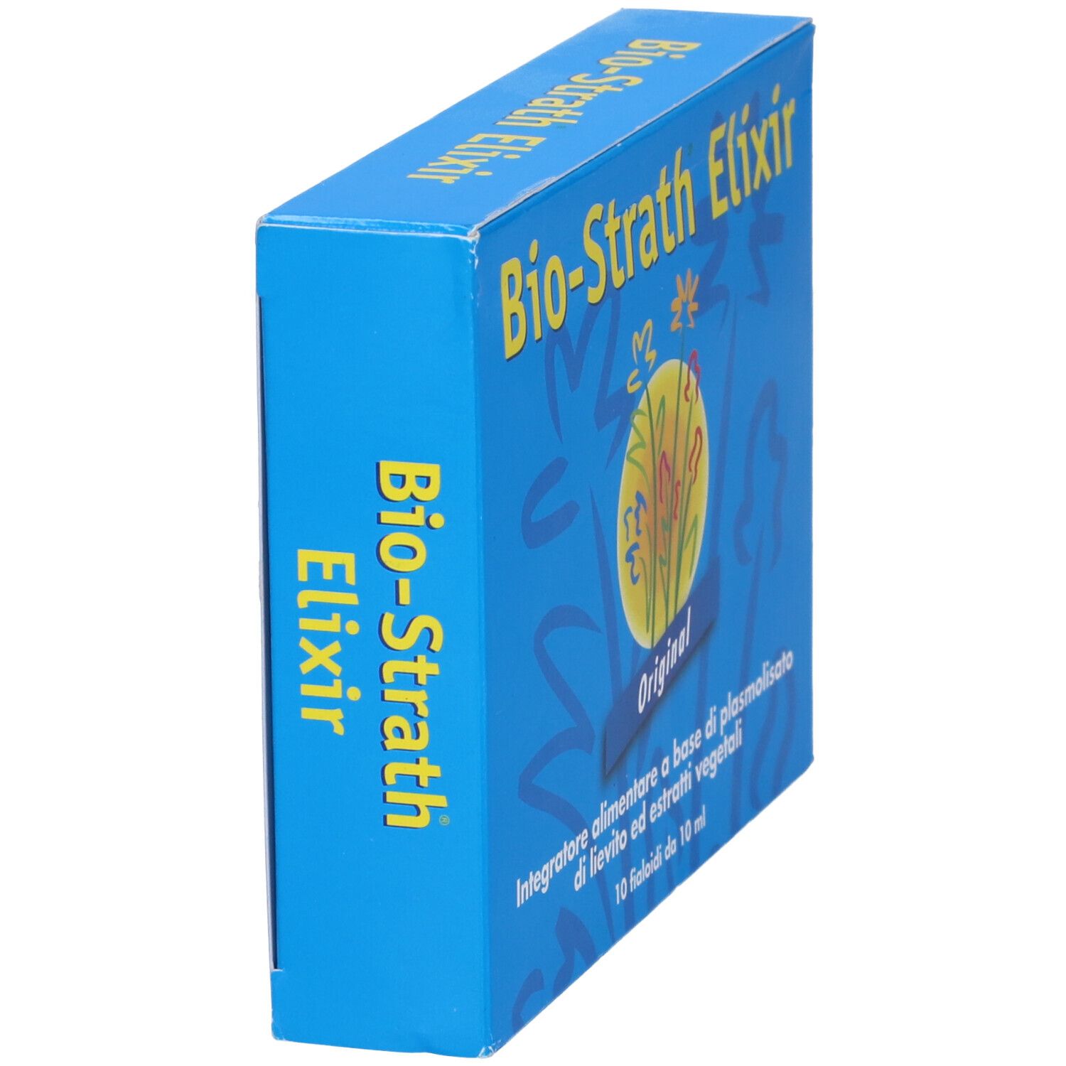 Scatola blu con scritta gialla Bio-Strath Elixir. Scritta: Original. Contenuto: 10 Fialoidi.