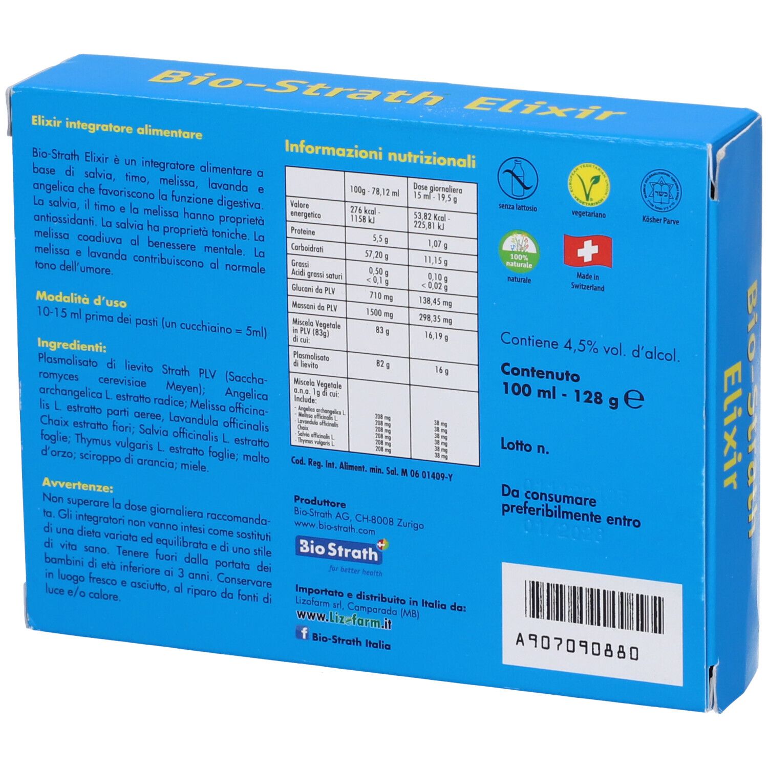 Scatola blu con scritta gialla Bio-Strath Elixir. Retro con informazioni nutrizionali e certificazioni.