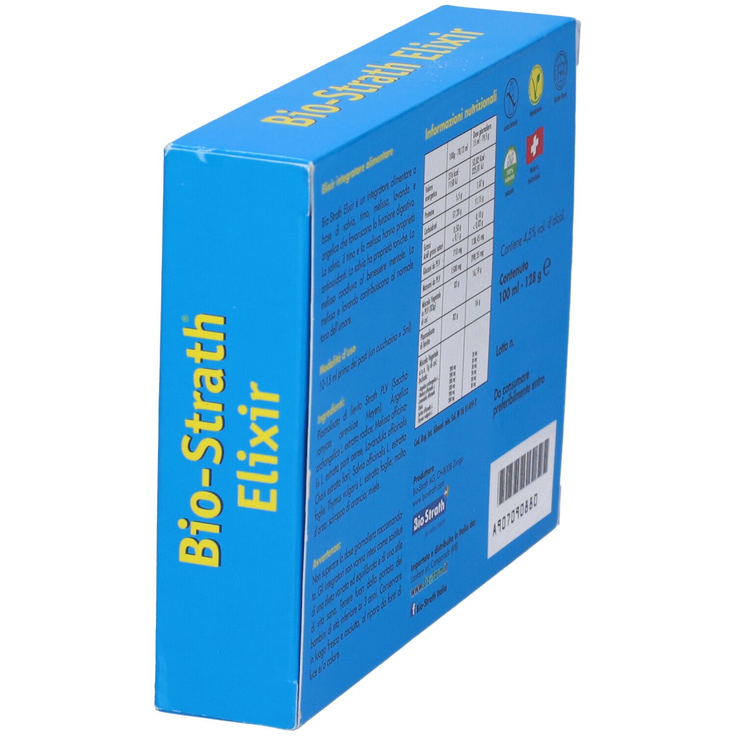 Scatola blu con scritta gialla Bio-Strath Elixir. Retro con informazioni nutrizionali e certificazioni.