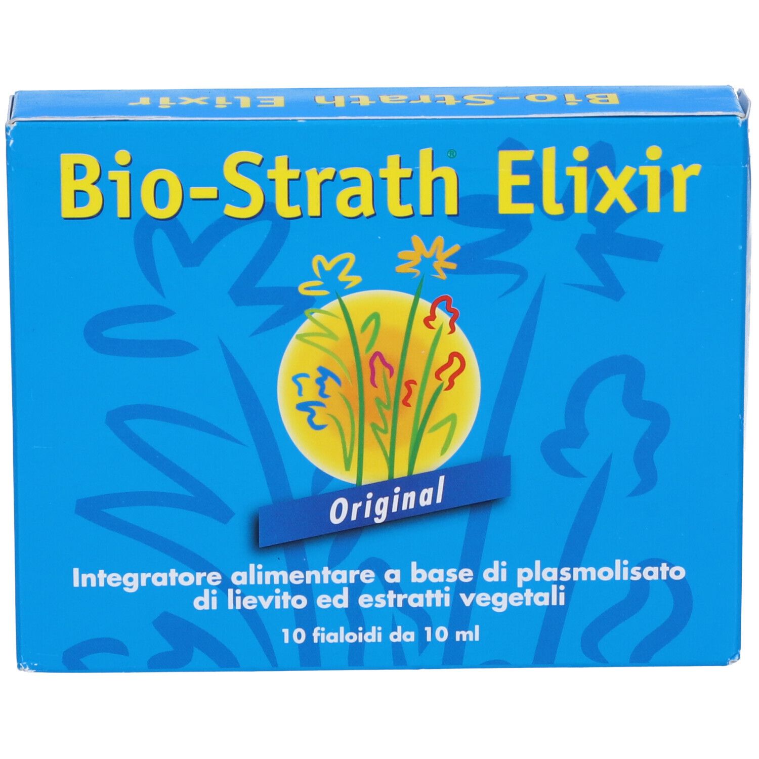 Scatola blu con scritta gialla Bio-Strath Elixir. Scritta: Original. Contenuto: 10 Fialoidi.