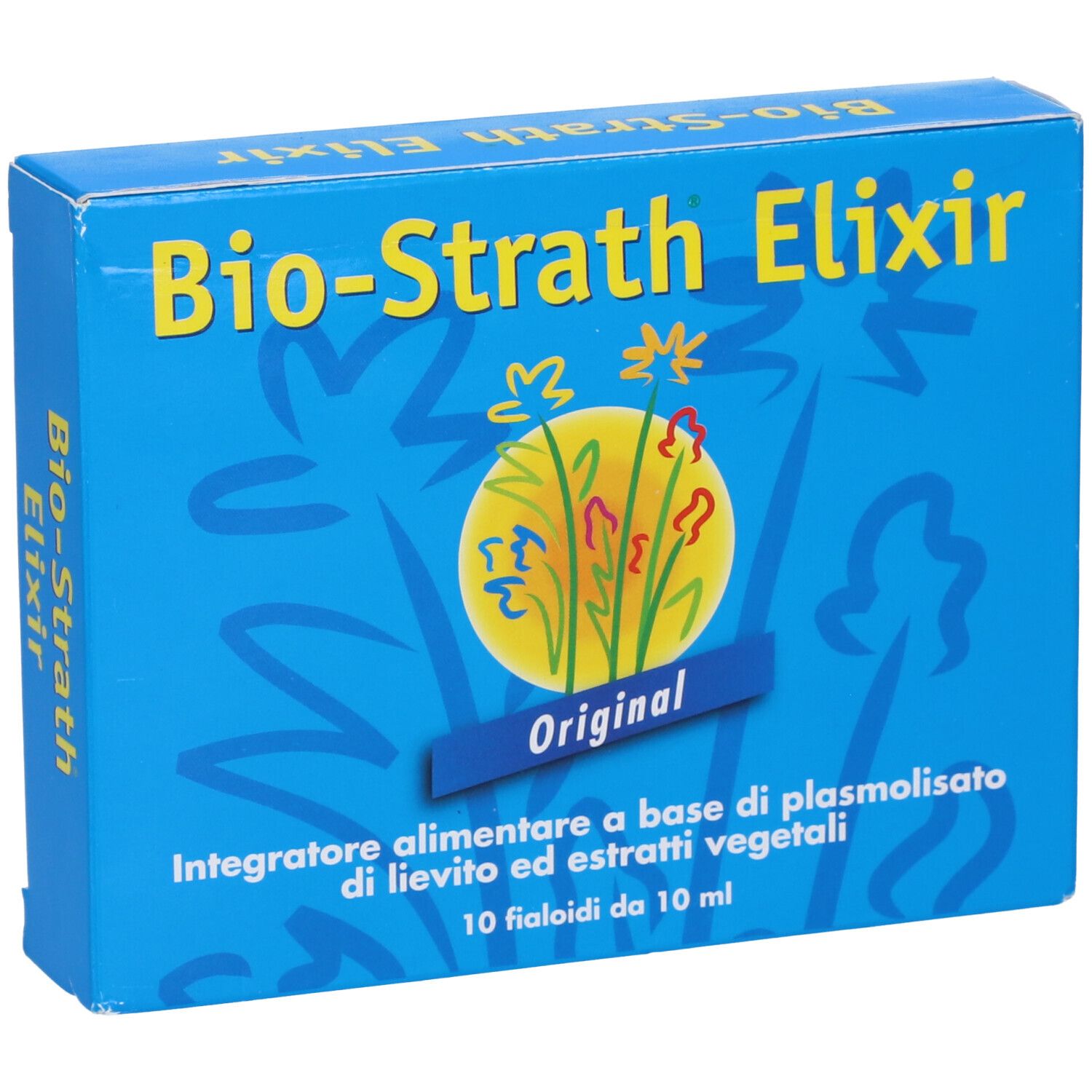 Scatola blu con scritta gialla Bio-Strath Elixir. Scritta: Original. Contenuto: 10 Fialoidi.