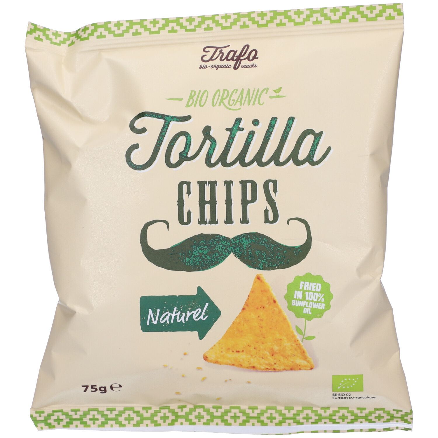 Confezione di tortilla chips. Scritta: Bio Organic, Tortilla Chips, Naturel. Illustrazione di baffi e indicazione olio di girasole.