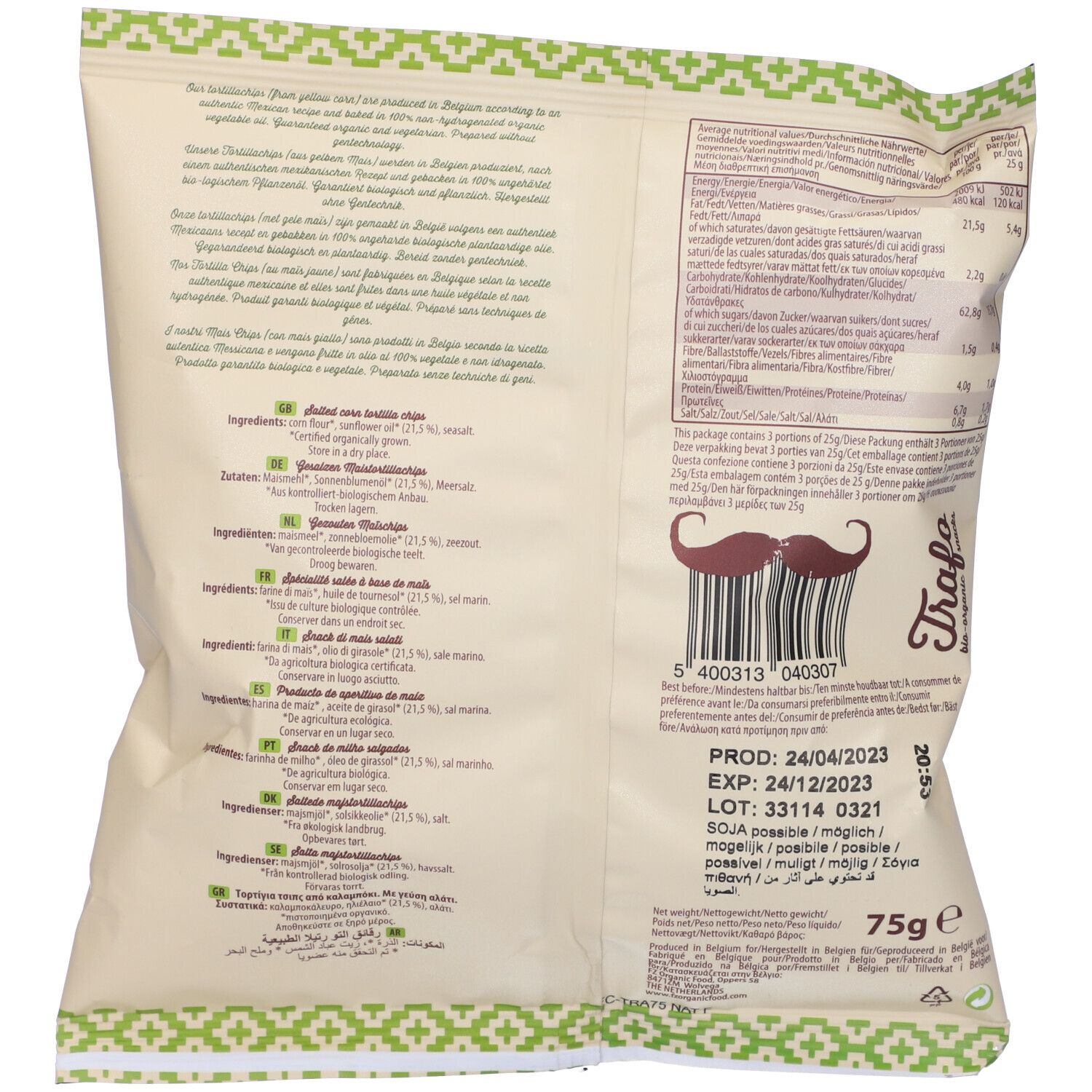 Retro della confezione di tortilla chips. Testo multilingue. Contiene informazioni nutrizionali, elenco ingredienti e data di scadenza.