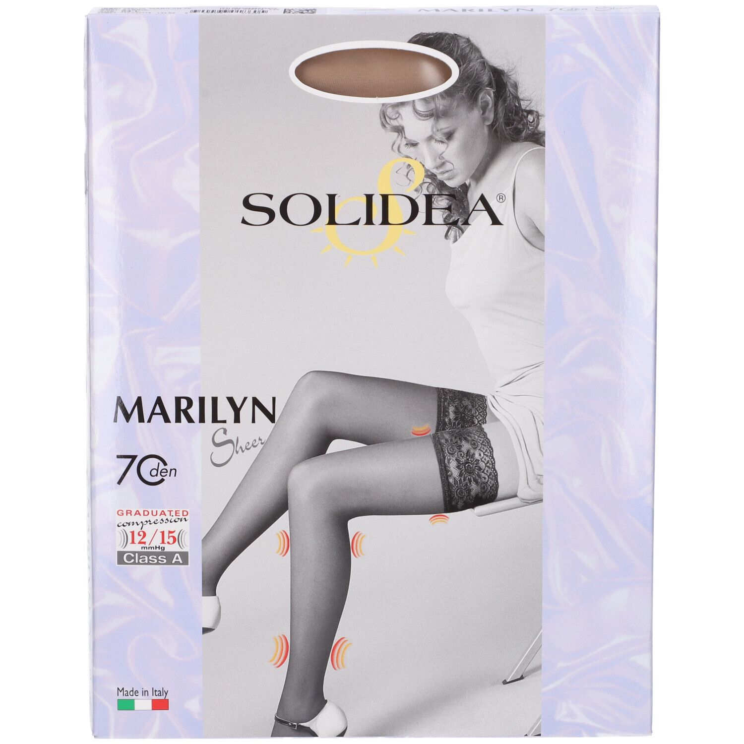 Confezione delle calze Marilyn 70 Sheer di Solidea. Compressione graduata. Colore Sabbia. Dettagli: 70 den, Class A. Made in Italy.