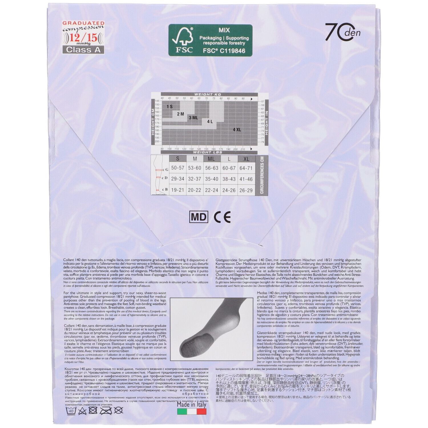 Retro della confezione delle calze Marilyn 70 Sheer. Informazioni sulle taglie, testo, loghi e certificazioni. Made in Italy.