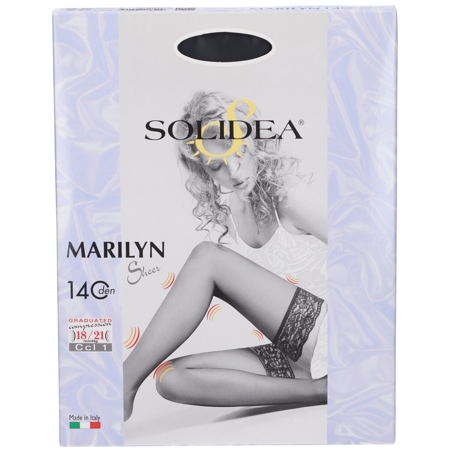Confezione delle calze nere Marilyn 140 Sheer di Solidea. Compressione graduata. Pizzo sulla coscia. Made in Italy.