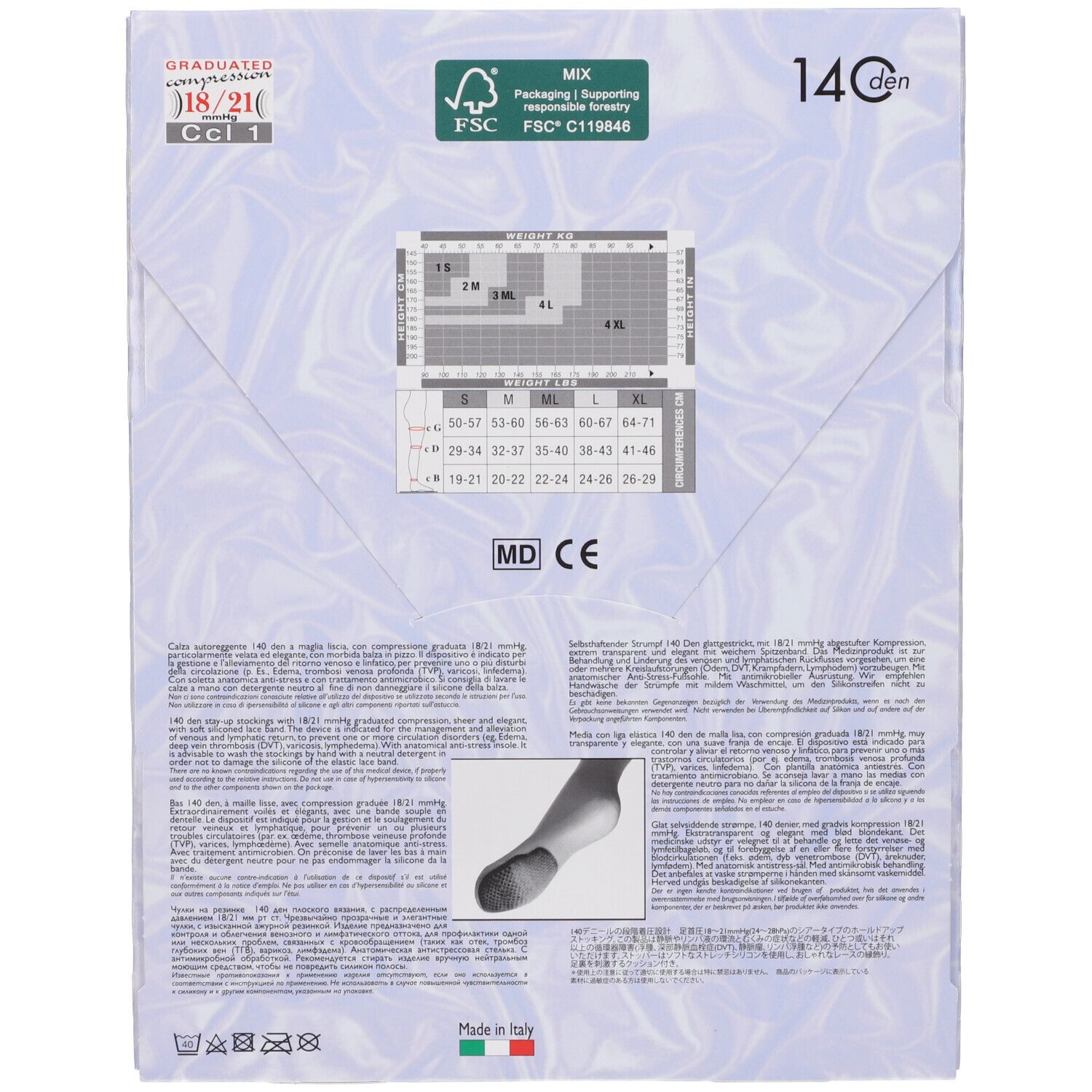 Retro della confezione delle calze Marilyn 140 Sheer. Informazioni taglie, compressione, testo. Certificazione FSC. Made in Italy.