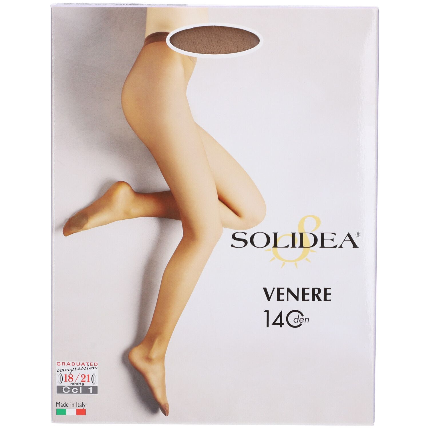 Confezione del collant Venere 140 di Solidea. Scritta: 14 den. Compressione graduata 18/21 Ccl 1. Bandiera italiana.