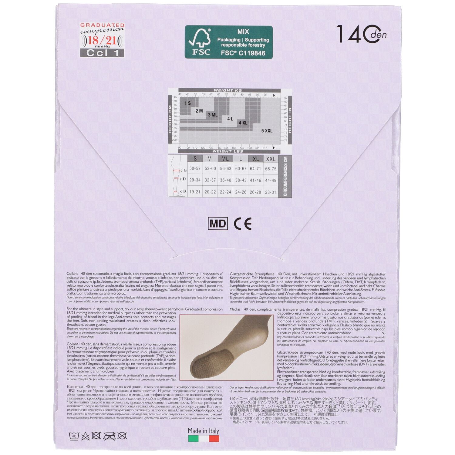 Retro della confezione del collant Venere 140. Informazioni sulle taglie, testo multilingue, logo FSC, bandiera italiana.