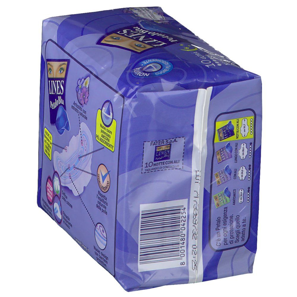 Confezione di Lines Petalo Blu Assorbenti Notte con Ali. Imballaggio blu, nome e logo visibili. 10 pezzi.