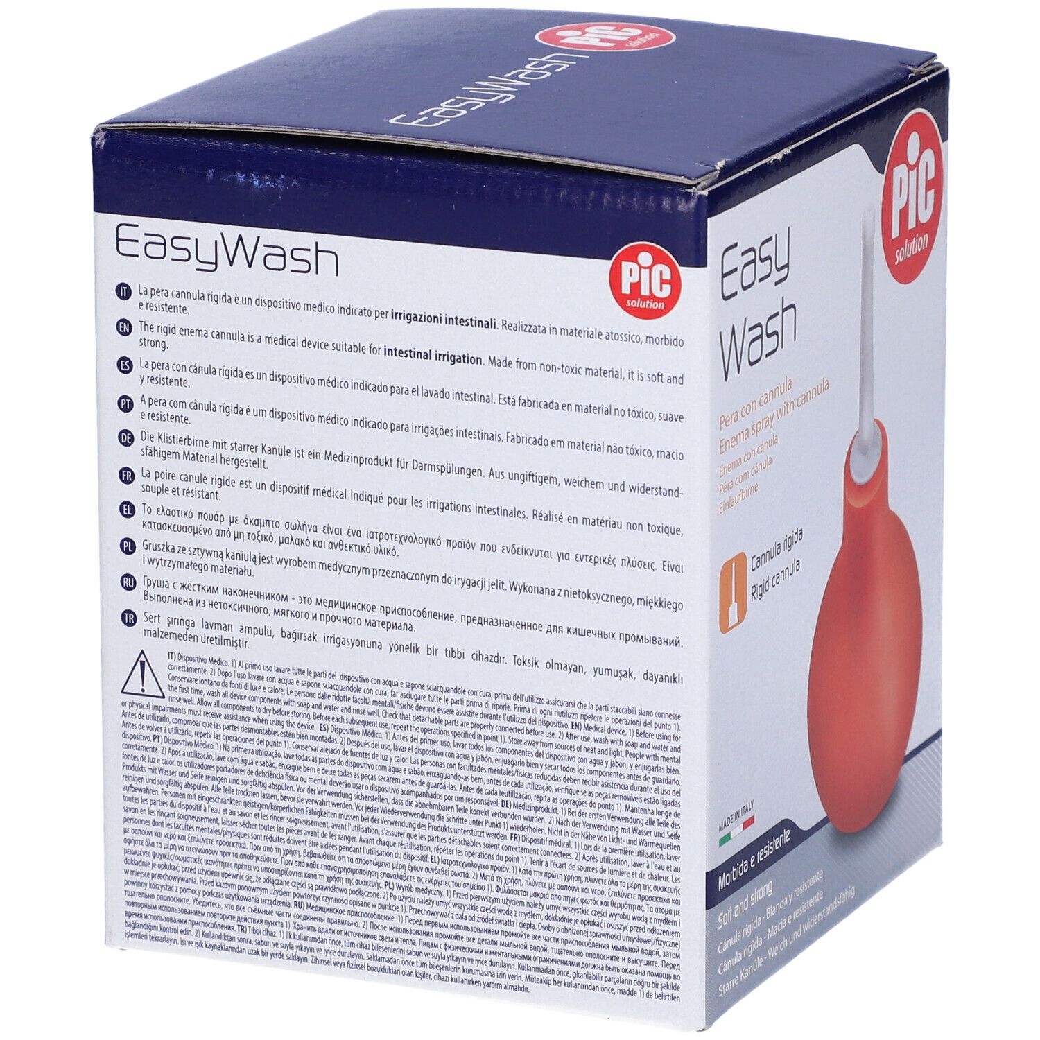 Retro della confezione. Testo multilingue. Pera arancione con cannula bianca.