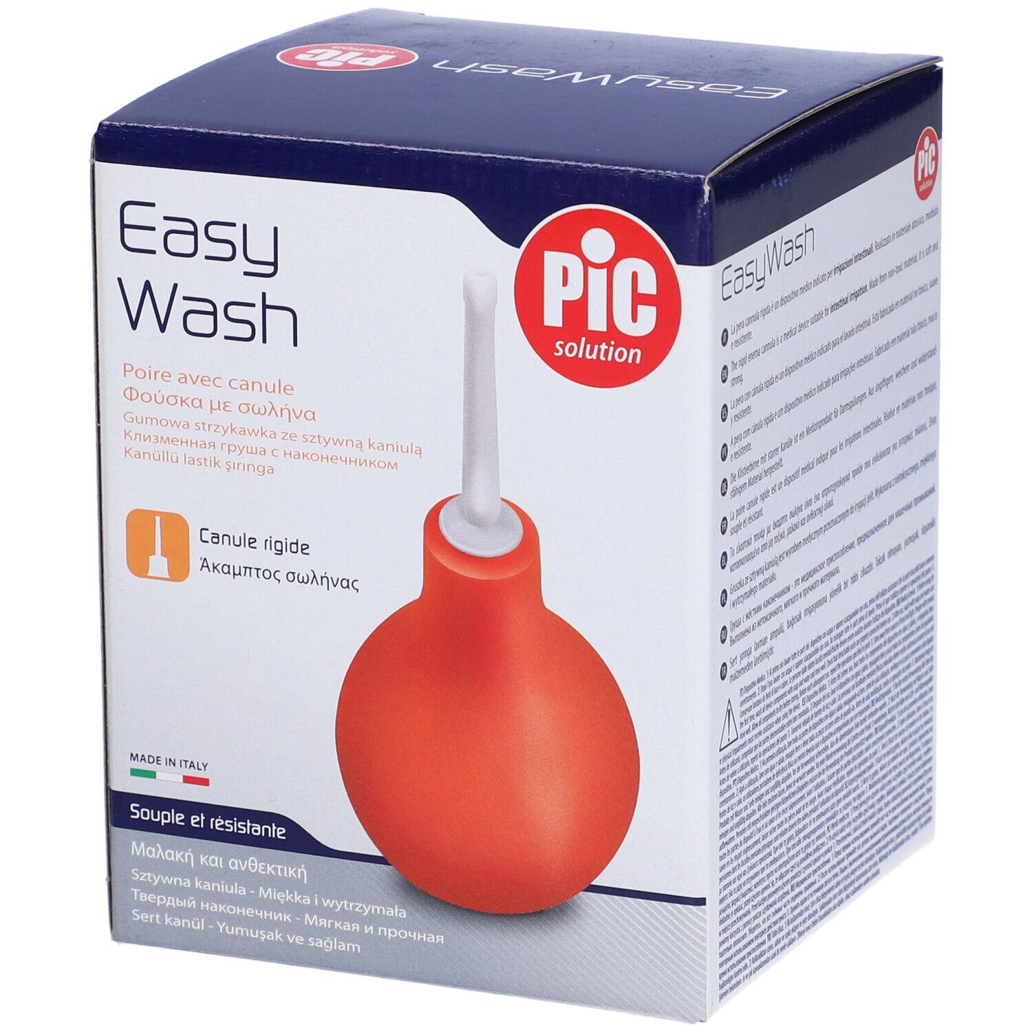 Confezione con prodotto. Pera arancione con cannula bianca. Scritta: Easy Wash, PIC solution.