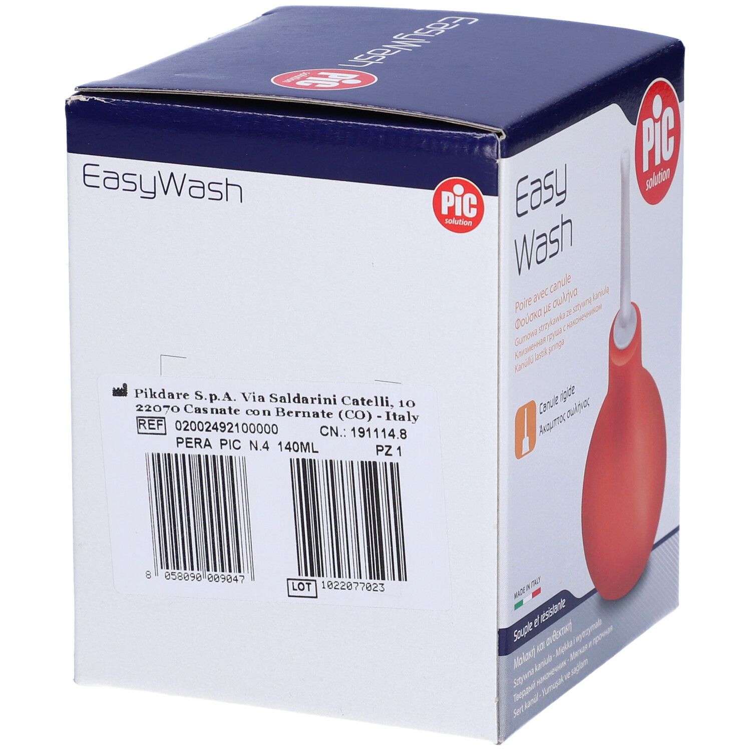 Confezione con prodotto. Pera arancione con cannula bianca. Scritta: Easy Wash, PIC solution.