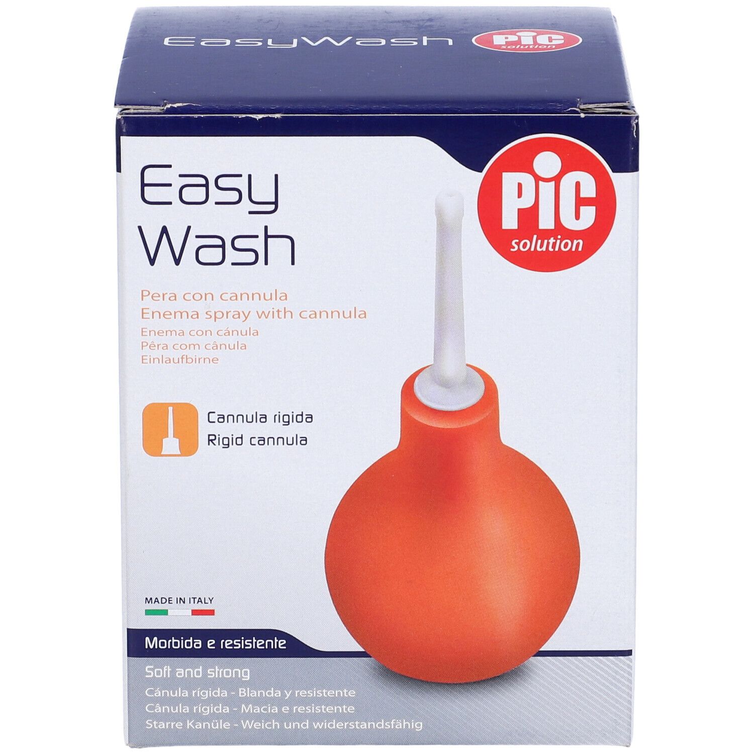 Confezione con prodotto. Pera arancione con cannula bianca. Scritta: Easy Wash, PIC solution.