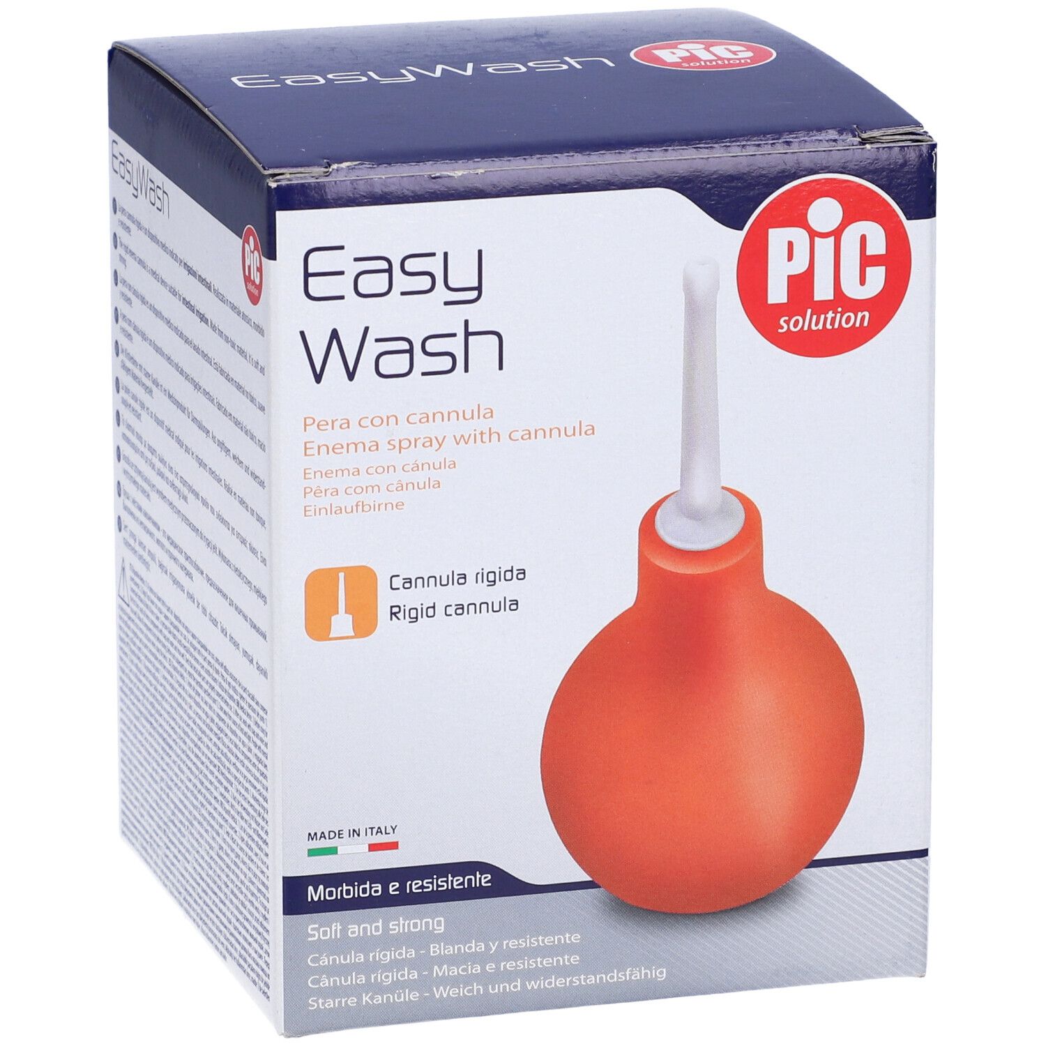 Confezione con prodotto. Pera arancione con cannula bianca. Scritta: Easy Wash, PIC solution.