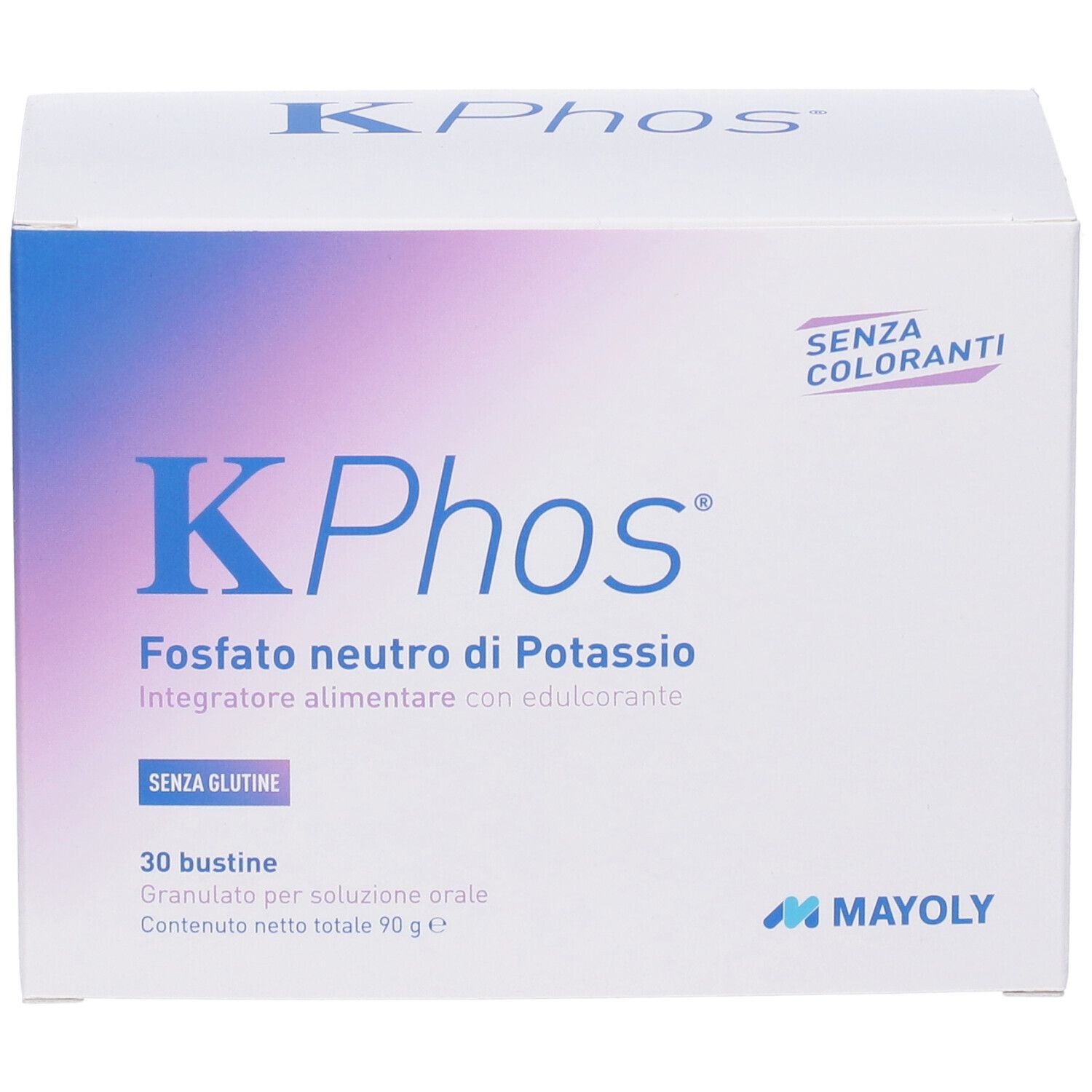 Scatola di KPhos, fosfato di potassio, 30 bustine. Scritta: Senza coloranti, senza glutine. Logo MAYOLY.