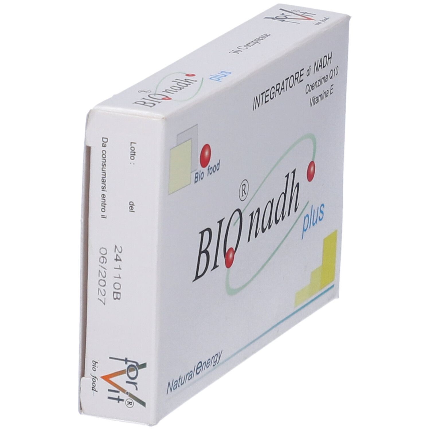 Scatola "BIO nadh plus" in prospettiva. Testo: "Integratore di NADH, Coenzima Q10, Vitamina E".