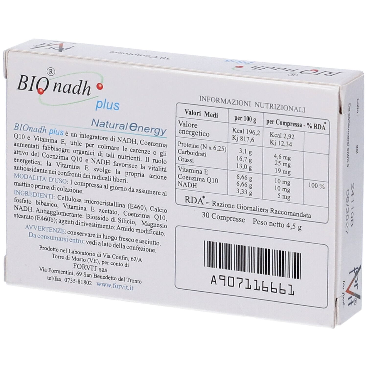 Retro scatola "BIO nadh plus". Testo: informazioni nutrizionali, ingredienti, "30 Compresse".