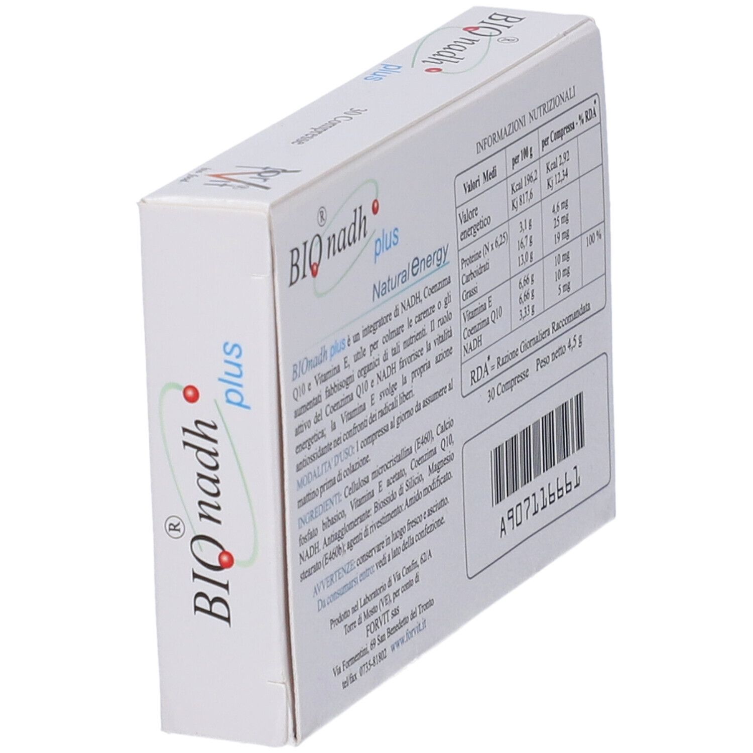 Scatola "BIO nadh plus" in prospettiva. Testo: informazioni nutrizionali, ingredienti, "30 Compresse".