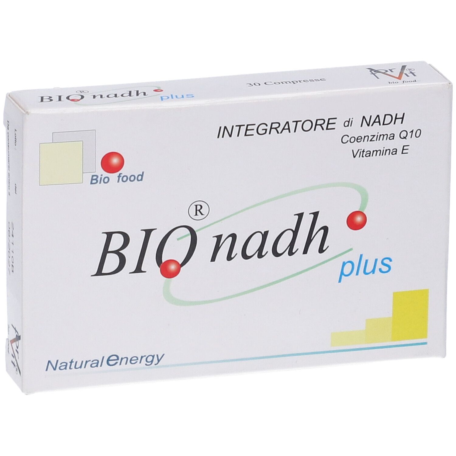 Scatola bianca "BIO nadh plus". Testo: "Integratore di NADH, Coenzima Q10, Vitamina E".