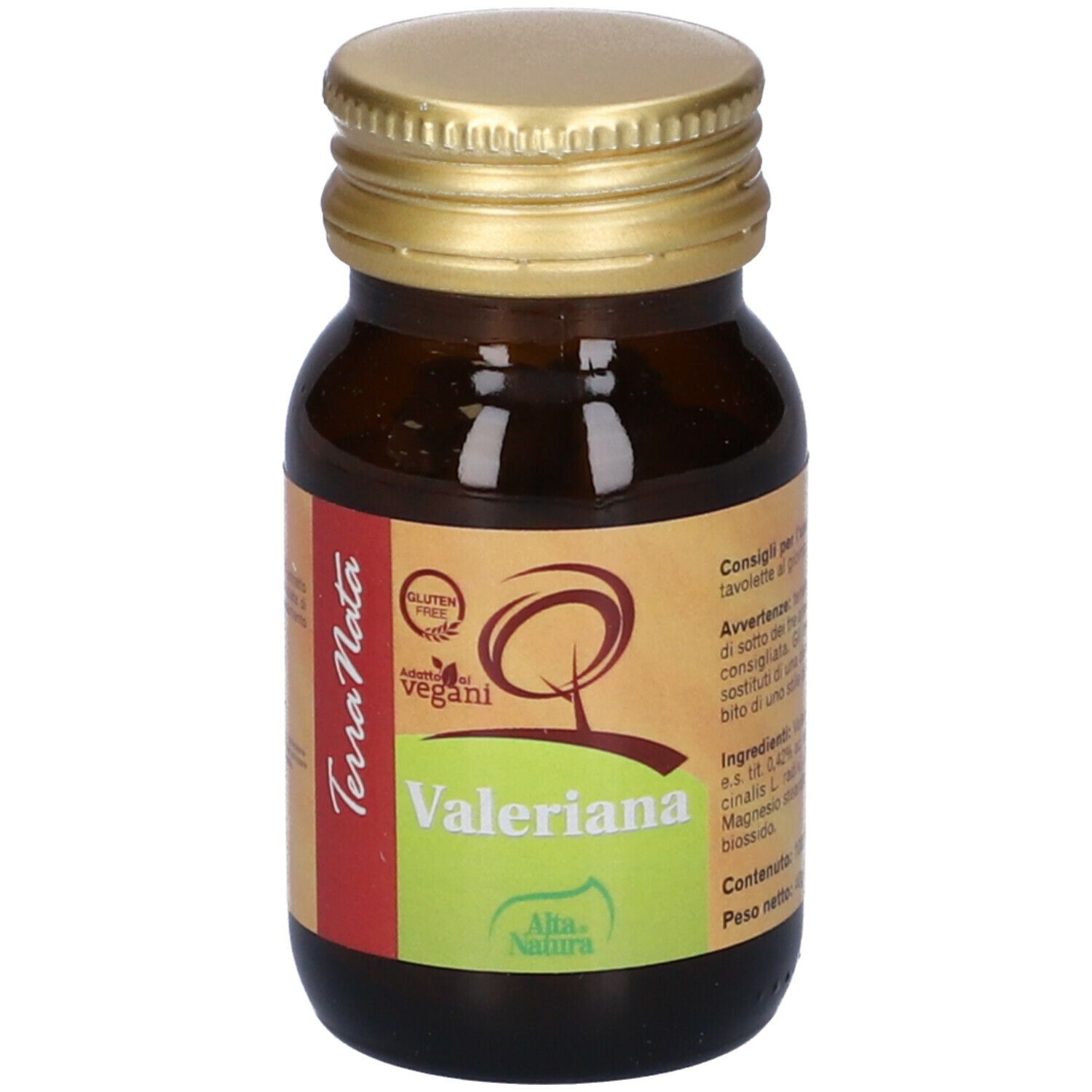Flacone di vetro marrone con tappo dorato. Scritta: Valeriana, Alta Natura.