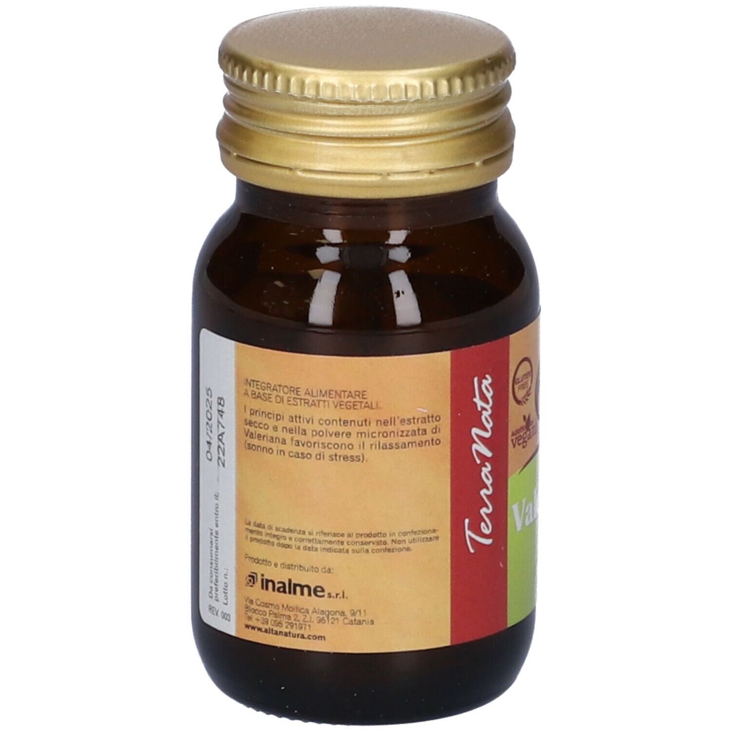 Flacone di vetro marrone con tappo dorato. Scritta: Valeriana, Alta Natura.