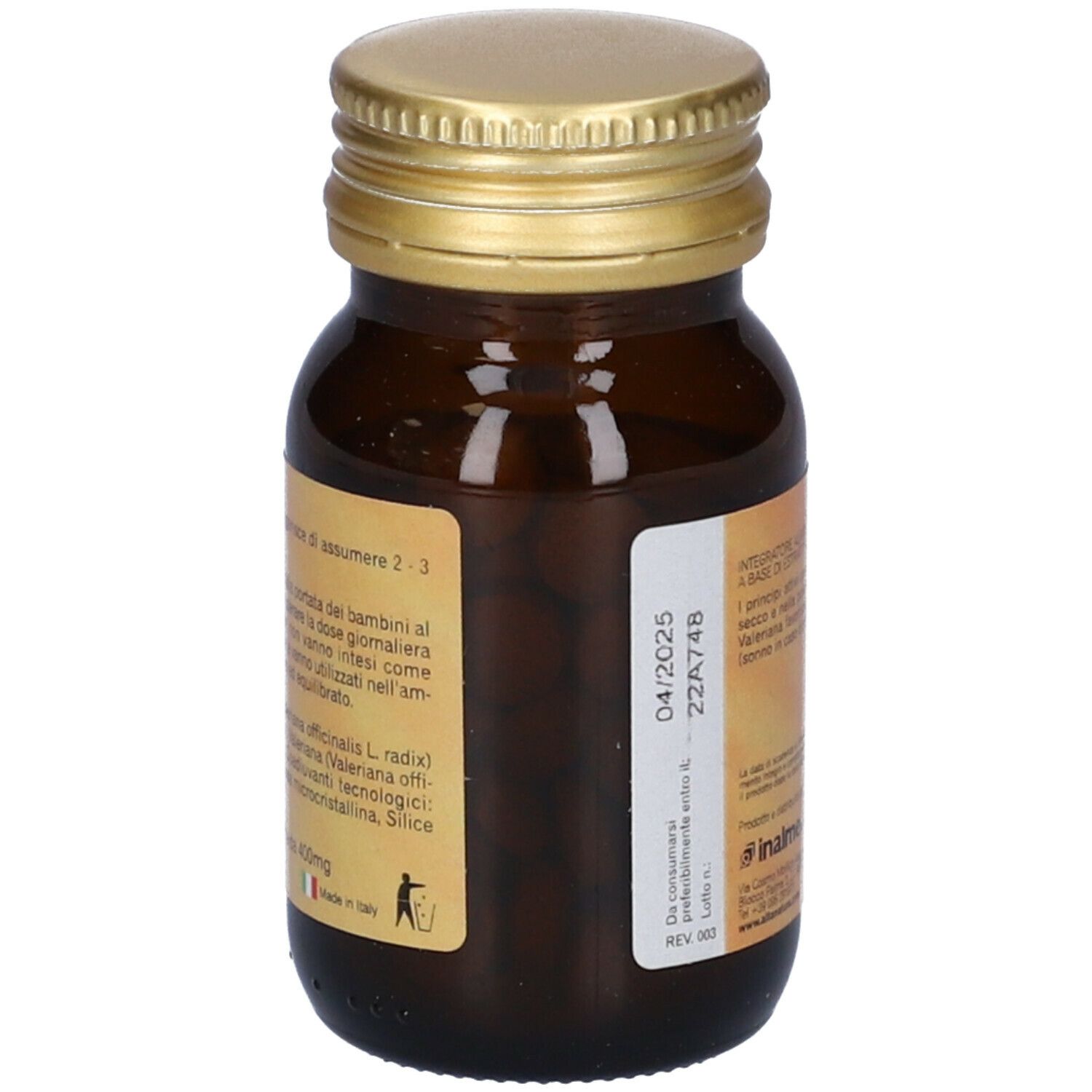 Flacone di vetro marrone con tappo dorato. Scritta: Valeriana, Alta Natura.