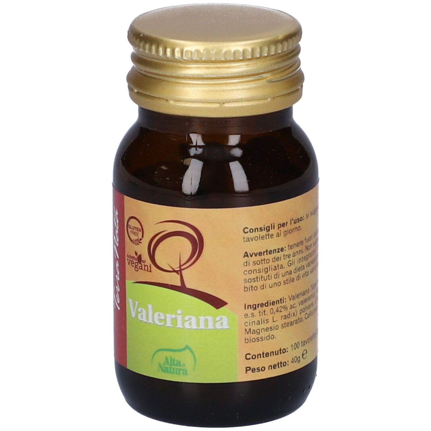 Flacone di vetro marrone con tappo dorato. Scritta: Valeriana, Alta Natura.