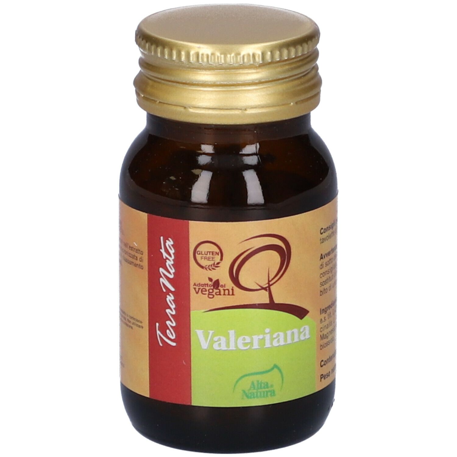 Flacone di vetro marrone con tappo dorato. Scritta: Valeriana, Alta Natura.