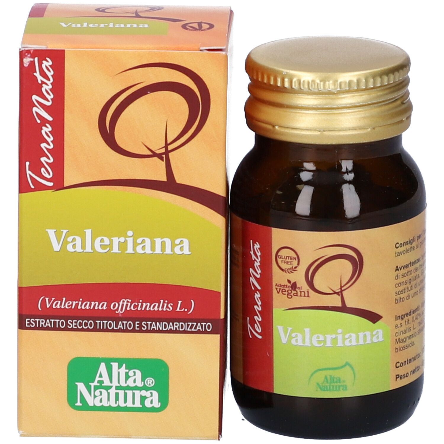 Confezione e flacone del prodotto. Scritta: Valeriana, Alta Natura.