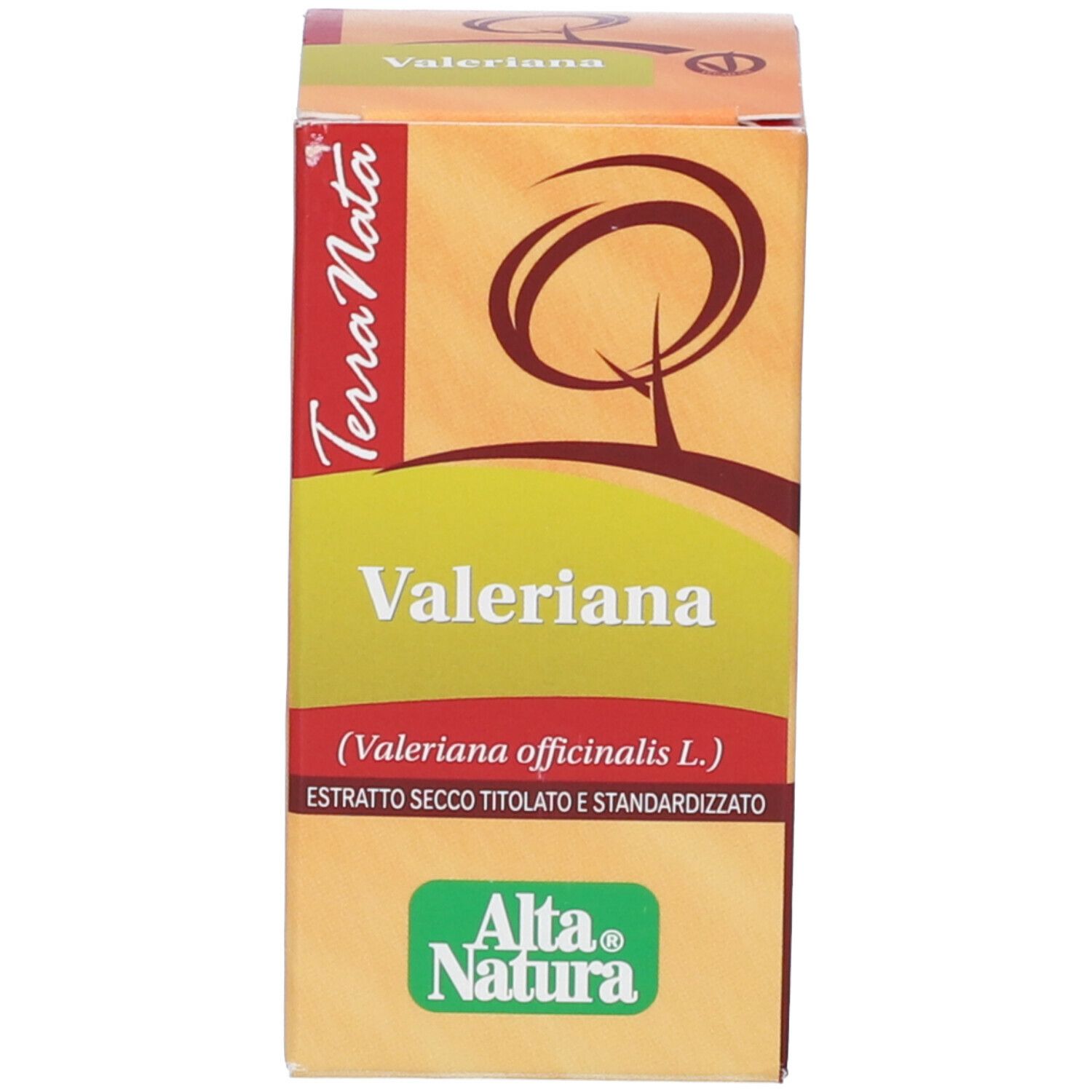 Confezione del prodotto. Scritta: Valeriana, Alta Natura.
